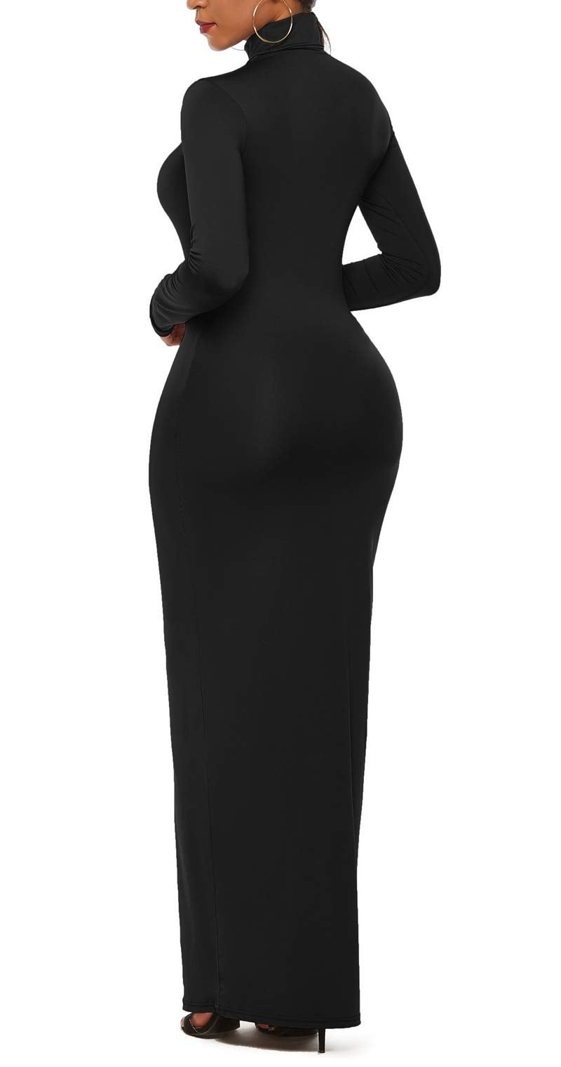PRIMODA Women's Turtleneck Long Sleeve Bodycon Maxi Dress Casual Long Dress(L Black) - Image 2